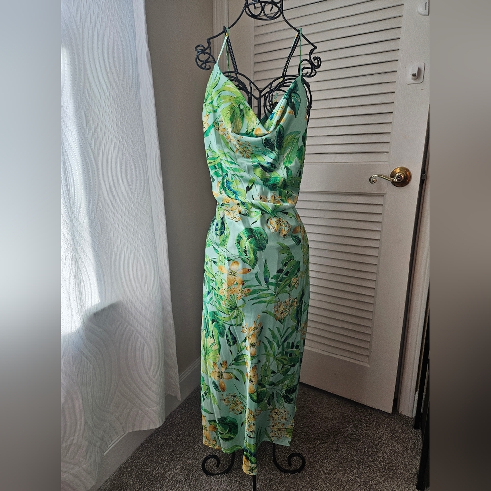 EMMA & MICHELE Satin Cowl Neck Tropical Palm Spaghetti Strap Bias Slip Dress